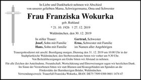 Traueranzeige Franziska Wokurka