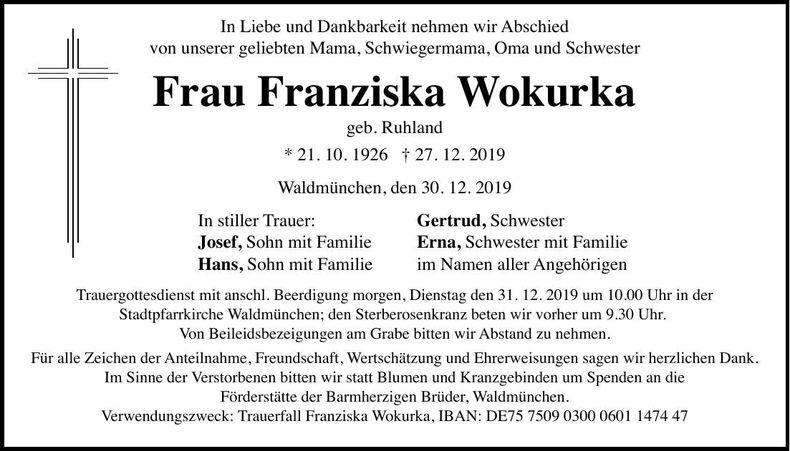 Traueranzeige Franziska Wokurka