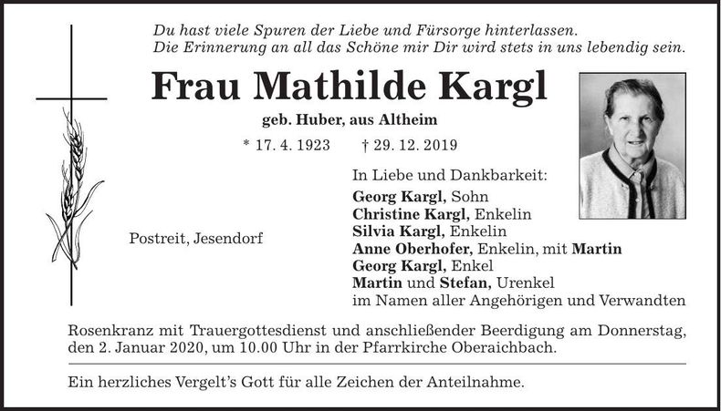 Traueranzeige Mathilda Kargl