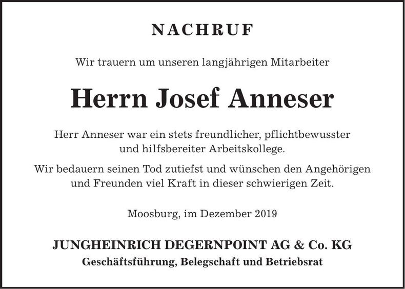 Traueranzeige Josef Anneser
