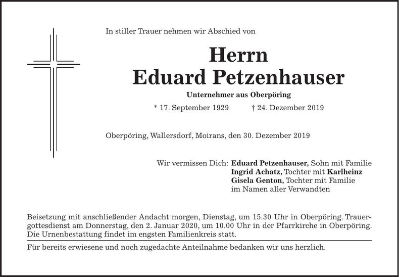 Traueranzeige Eduard Petzenhauser
