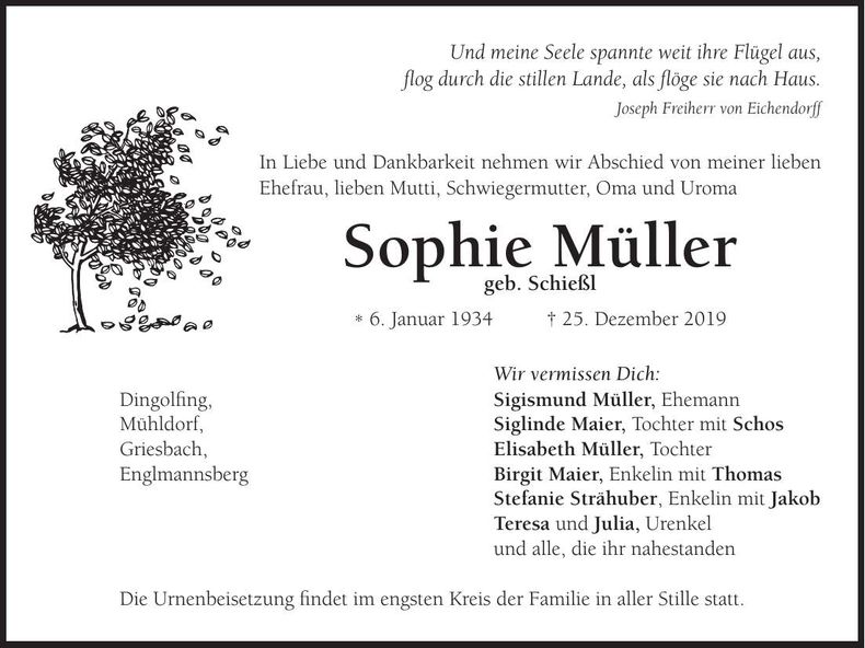 Traueranzeige Sophie Müller