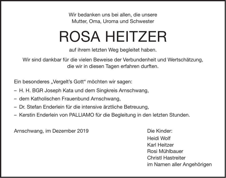 Traueranzeige Rosa Heitzer