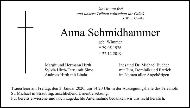 Traueranzeige Anna Schmidhammer