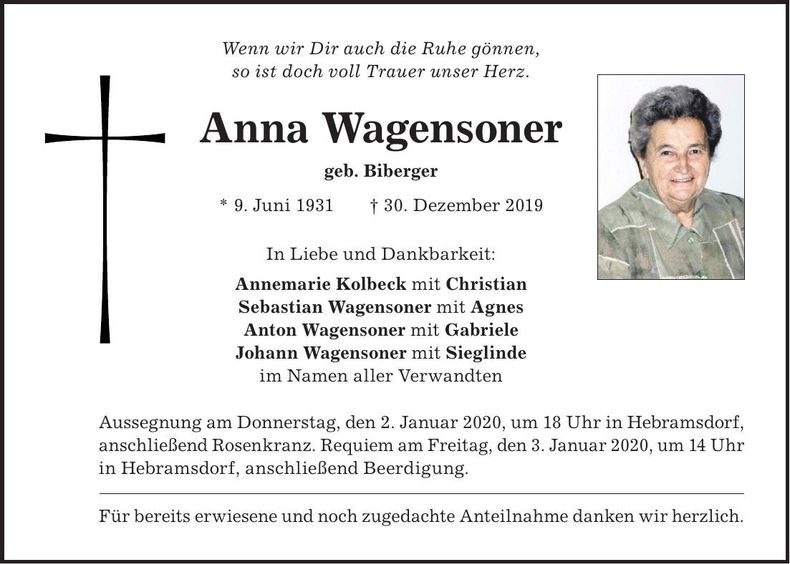 Traueranzeige Anna Wagensoner