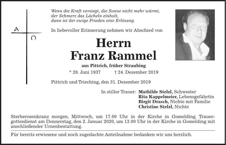 Traueranzeige Franz Rammel