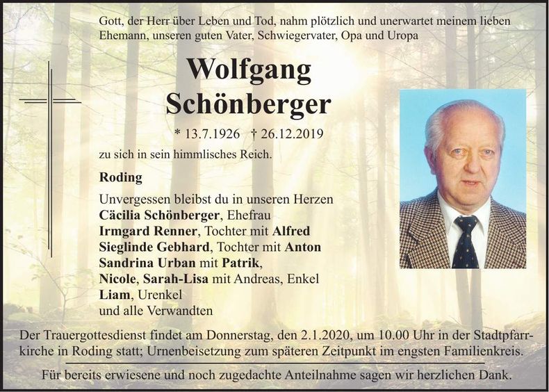 Traueranzeige Wolfgang Schönberger