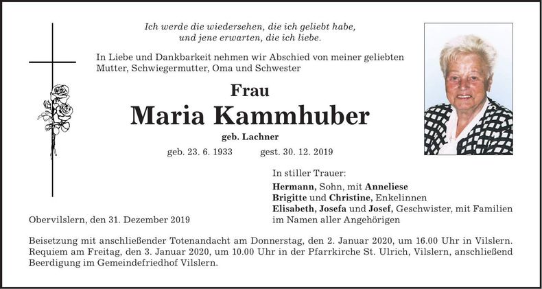 Traueranzeige Maria Kammhuber