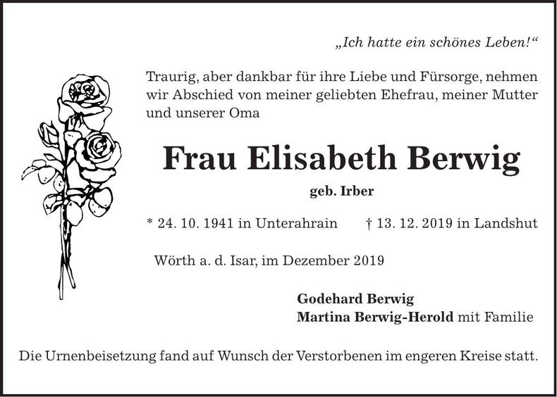 Traueranzeige Elisabeth Berwig