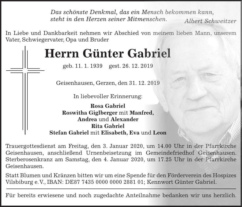 Traueranzeige Günter Gabriel