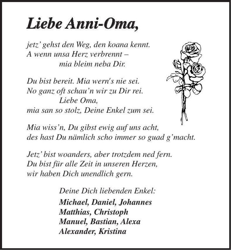 Traueranzeige Anna Wagensoner