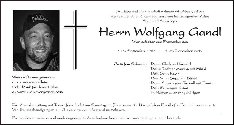 Traueranzeige Wolfgang Gandl