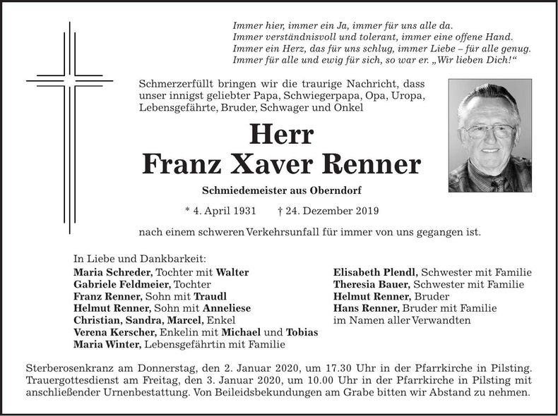 Traueranzeige Franz Xaver Renner