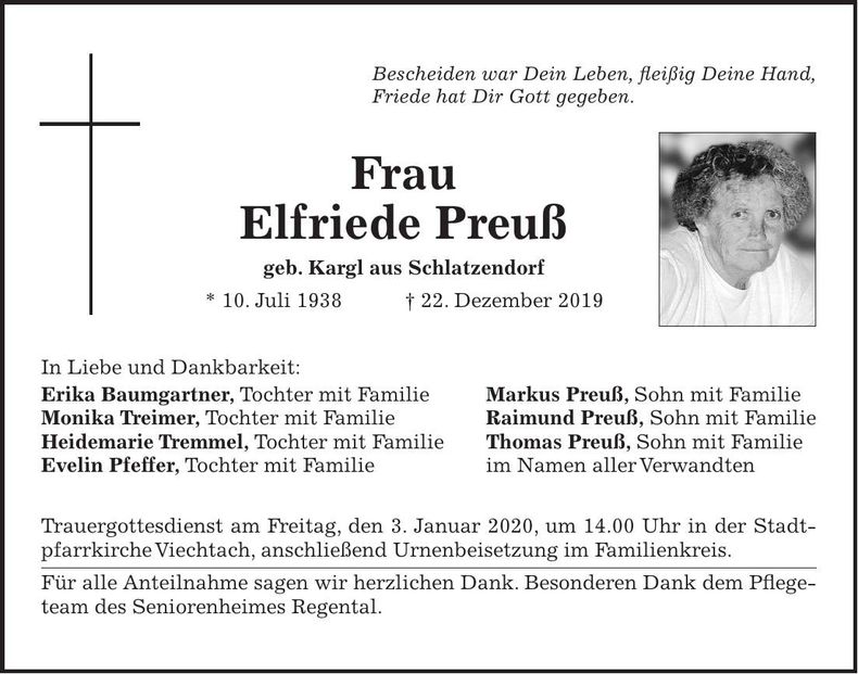 Traueranzeige Elfriede Preuß