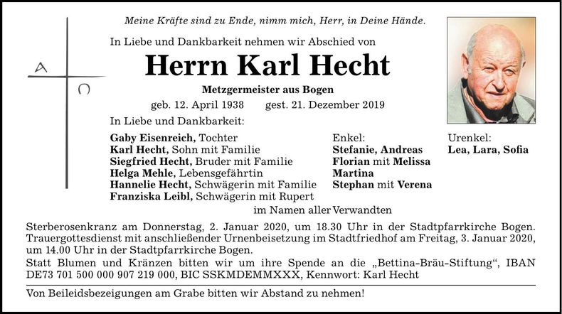Traueranzeige Karl Hecht
