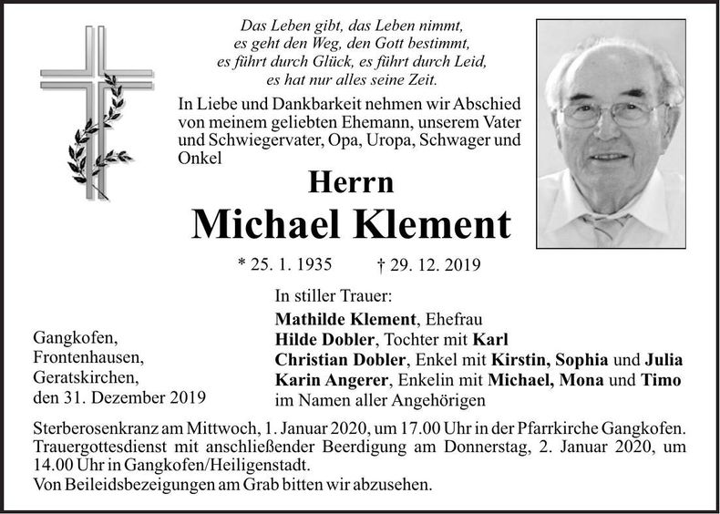 Traueranzeige Michael Klement