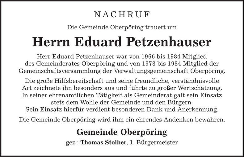 Traueranzeige Eduard Petzenhauser