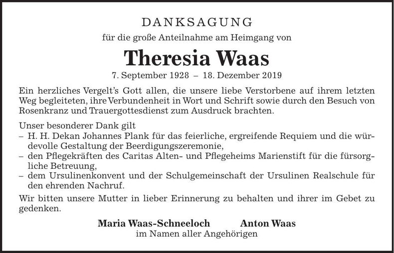 Traueranzeige Theresia Waas