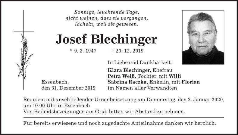 Traueranzeige Josef Blechinger