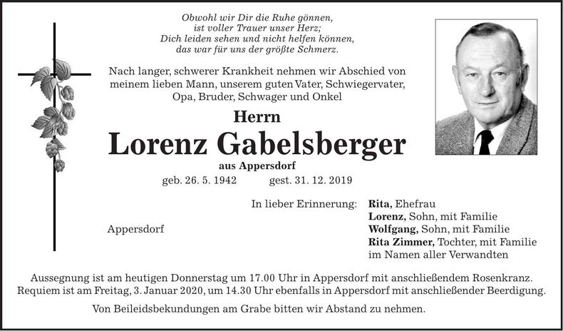 Traueranzeige Lorenz Gabelsberger