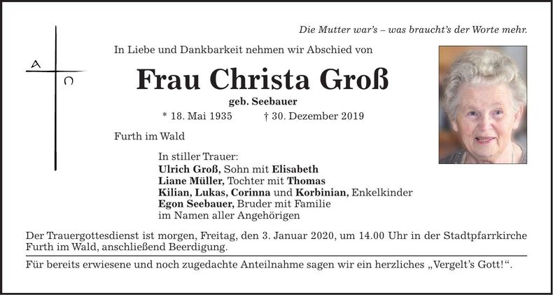 Traueranzeige Christa Groß