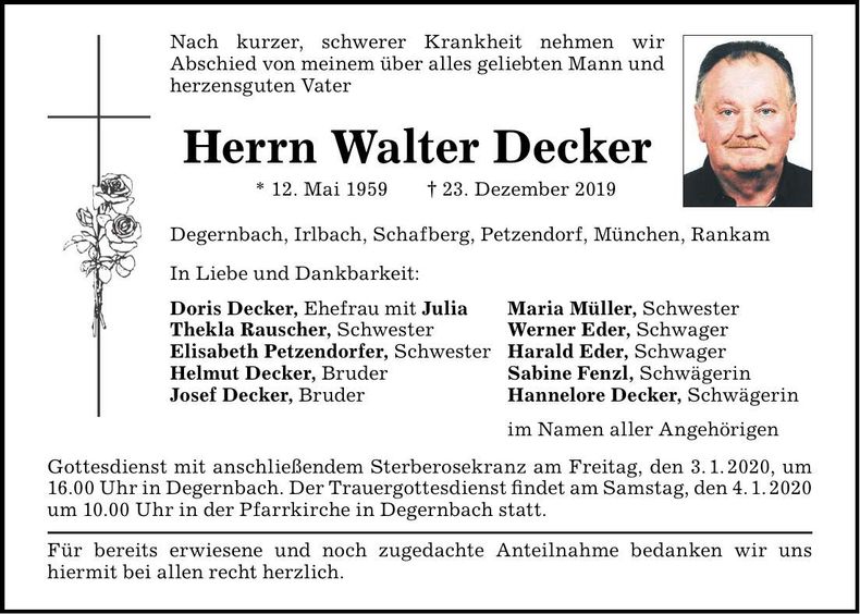Traueranzeige Walter Decker