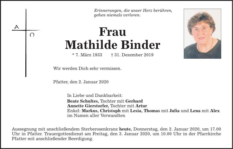 Traueranzeige Mathilde Binder