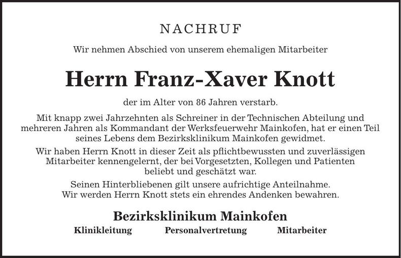 Traueranzeige Franz-Xaver Knott
