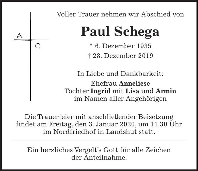 Traueranzeige Paul Schega