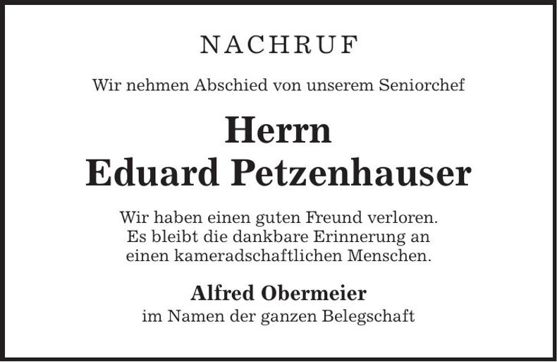 Traueranzeige Petzenhauser Eduard