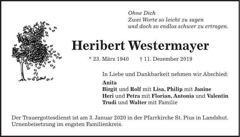 Traueranzeige Heribert Westermayer