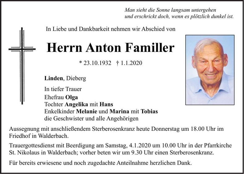 Traueranzeige Anton Familler