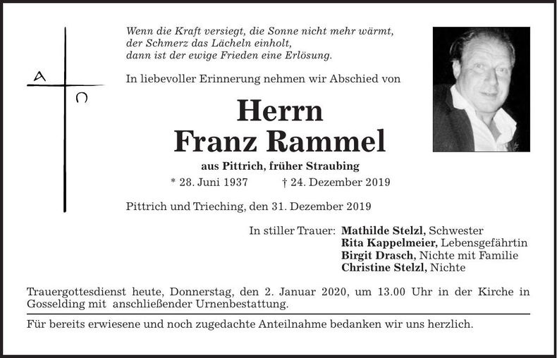 Traueranzeige Franz Rammel