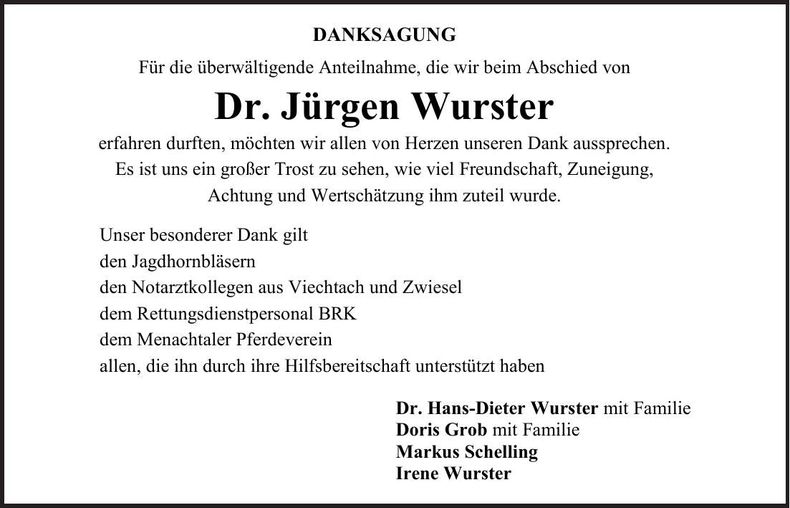 Traueranzeige Jürgen Dr. Wurster