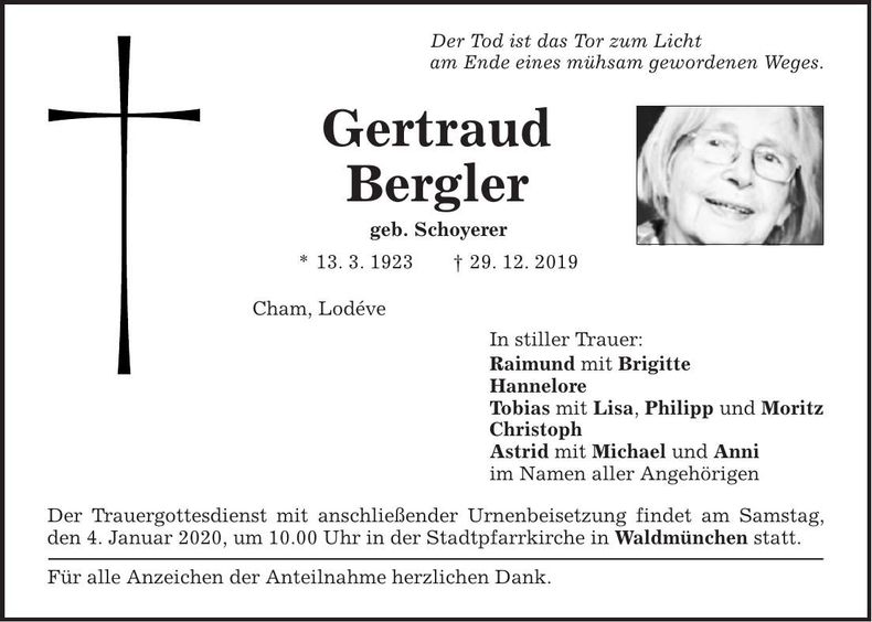 Traueranzeige Gertraud Bergler