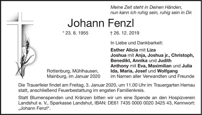Traueranzeige Johann Fenzl