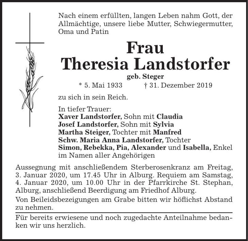 Traueranzeige Theresia Landstorfer