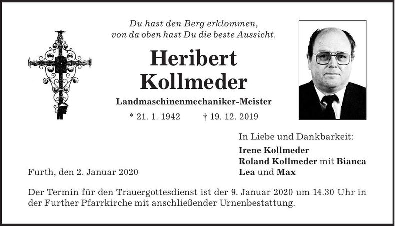 Traueranzeige Heribert Kollmeder