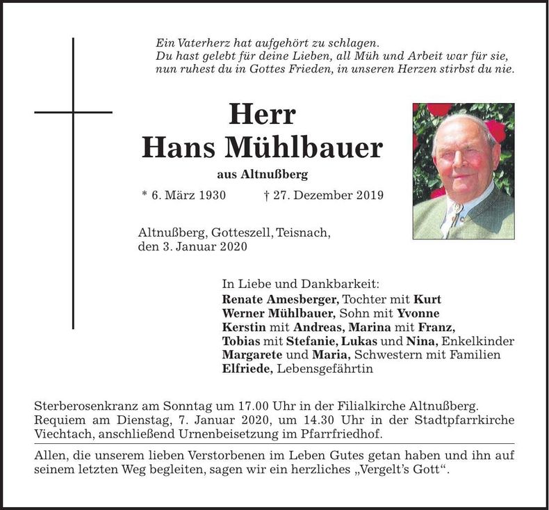 Traueranzeige Hans Mühlbauer