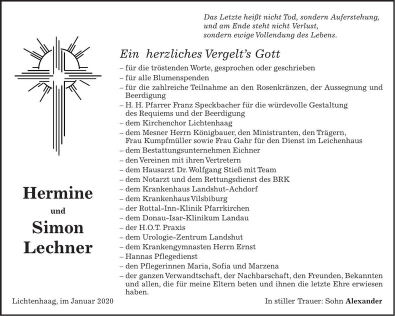 Traueranzeige Hermine und Simon Lechner