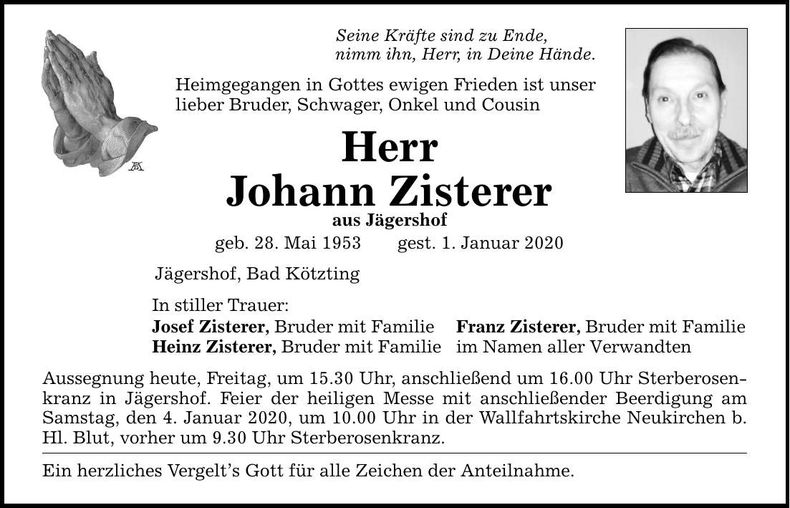 Traueranzeige Johann Zisterer