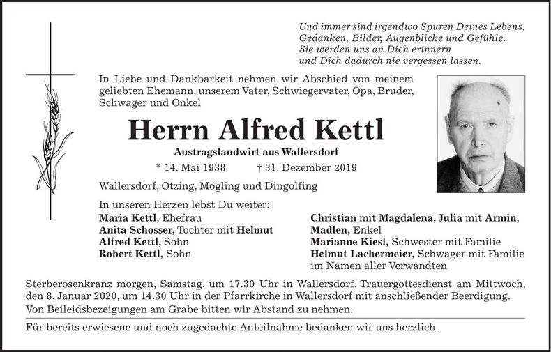 Traueranzeige Alfred Kettl