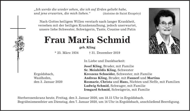 Traueranzeige Maria Schmid
