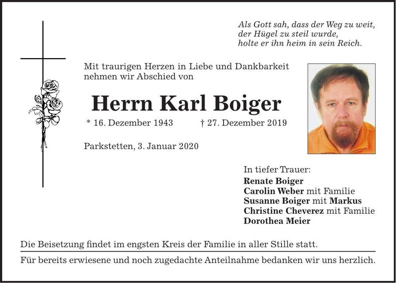 Traueranzeige Karl Boiger