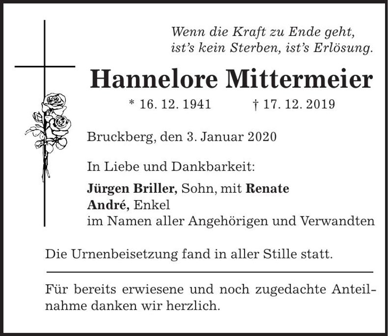 Traueranzeige Hannelore Mittermeier