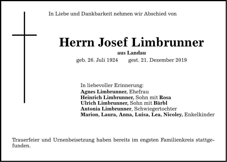 Traueranzeige Limbrunner Josef
