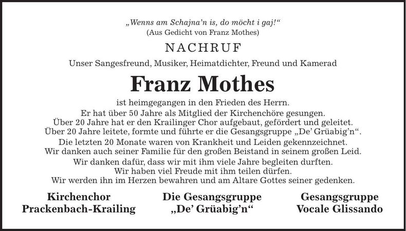 Traueranzeige Franz Mothes
