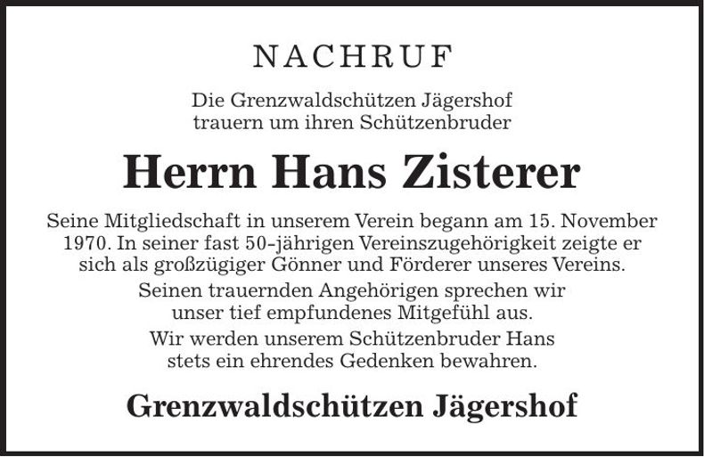 Traueranzeige Hans Zisterer