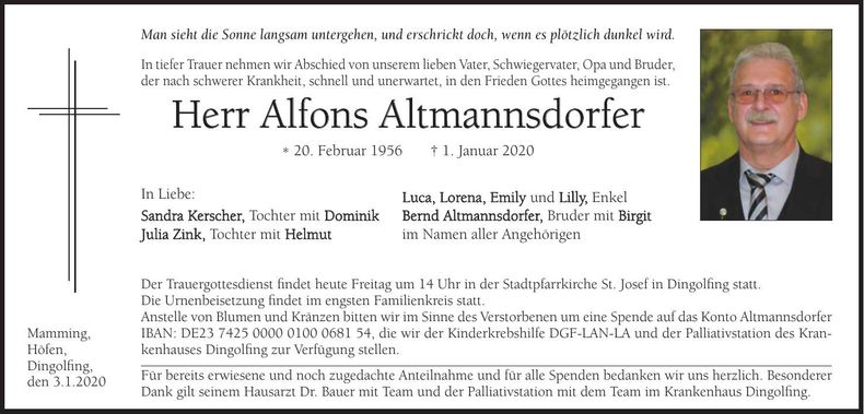 Traueranzeige Alfons Altmannsdorfer