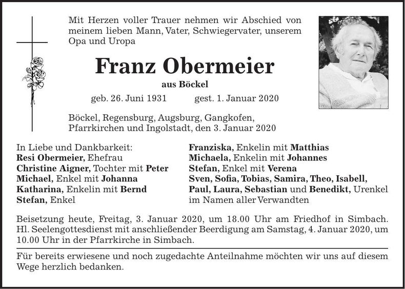 Traueranzeige Franz Obermeier